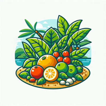 Citrus fruits on the island. Vector illustration in cartoon style.のイラスト素材