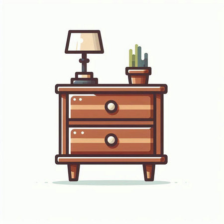 Wooden chest of drawers with lamp and cactus. Vector illustration.のイラスト素材