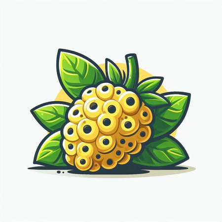 Illustration of a yellow raspberry with green leaves on a white backgroundのイラスト素材
