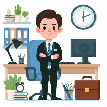 Businessman working at office. Vector illustration in flat cartoon style.のイラスト素材