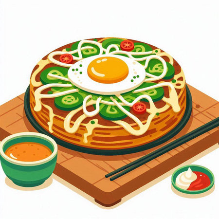 Illustration of a traditional Korean food, kimchi with fried eggのイラスト素材
