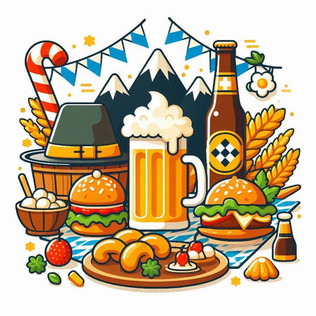 Oktoberfest doodle vector illustration. Beer and food.のイラスト素材