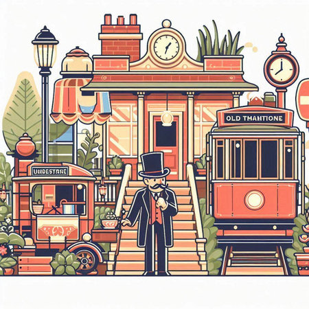 Vector illustration of a city street with a man in a hat, a train and a clock.のイラスト素材