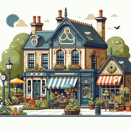 Restaurant on the street. Vector illustration in cartoon style.のイラスト素材