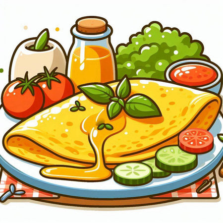 Illustration of Omelette with Tomato, Cucumber and Basilのイラスト素材
