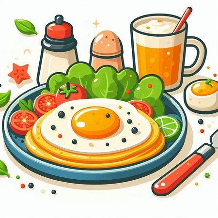 Illustration of a fried egg on a plate with vegetables and juiceのイラスト素材