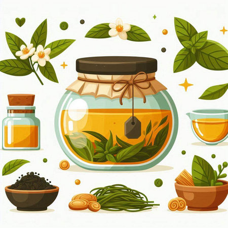 Glass jar with green tea. Herbal tea. Vector illustration.のイラスト素材