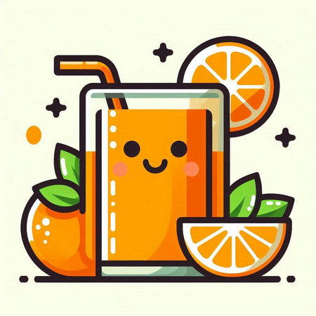 Cute cartoon orange juice character. Vector illustration of a glass of orange juice.のイラスト素材
