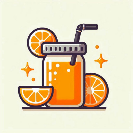 Orange juice in a glass with a straw. Vector illustration in flat style.のイラスト素材