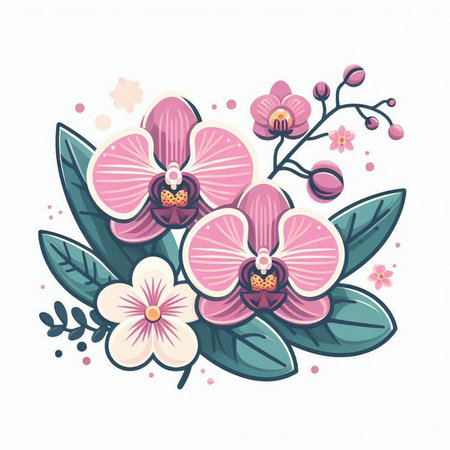 Bouquet of pink orchids with green leaves. Vector illustration.のイラスト素材