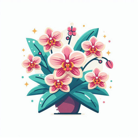 Orchid flowers in a pot. Vector illustration in cartoon style.のイラスト素材