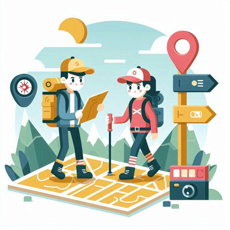 Tourist with map and guide. Vector illustration in flat style.のイラスト素材