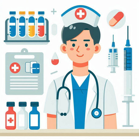 Male doctor in a white coat with a stethoscope stands near the table with medicines and syringes.のイラスト素材