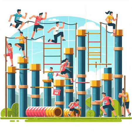 Sporty people running on parallel bars. Flat style vector illustration.のイラスト素材