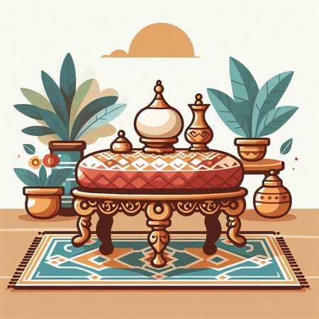 Vector illustration of a traditional indian table with cushions and crockeryのイラスト素材