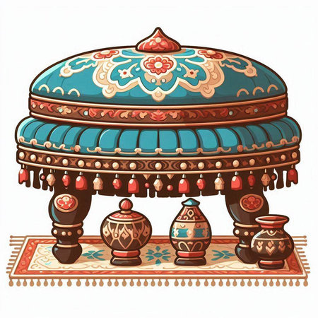 Illustration of a handcrafted pottery set on a rug.のイラスト素材