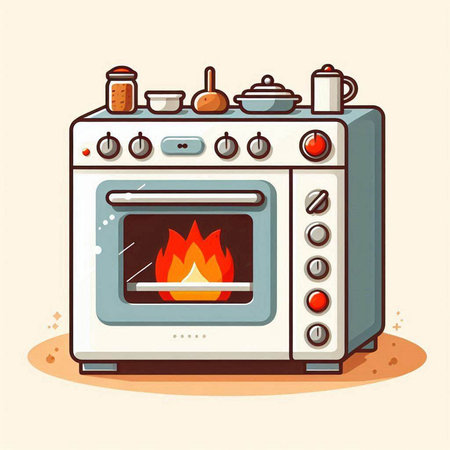 Kitchen gas stove with a burning stove. Vector illustration in cartoon style.のイラスト素材