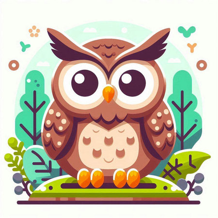 Cute cartoon owl in the forest. Vector illustration in flat styleのイラスト素材