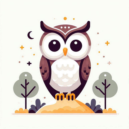 Cute owl in the forest. Vector illustration in flat style.のイラスト素材