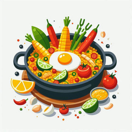 Vegetable soup in a pan with ingredients for cooking. Vector illustration.のイラスト素材