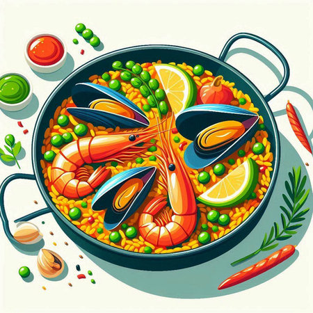 Seafood paella in a frying pan. Vector illustration.のイラスト素材