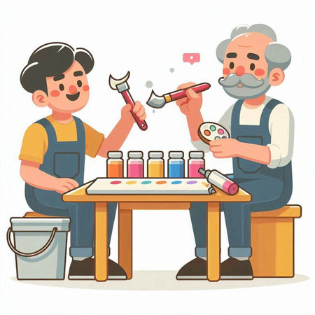 Grandfather and grandson painting with watercolor paints. Vector illustration.のイラスト素材