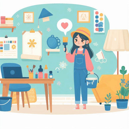Cute girl painting in her room. Vector illustration in cartoon style.のイラスト素材