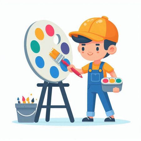 Cute little boy painter with palette and brush, vector illustration.のイラスト素材