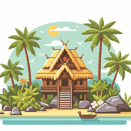 Tropical bungalows on the beach. Vector illustration.のイラスト素材