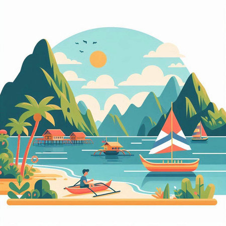 Landscape with sea, mountains and boats. Flat style vector illustration.のイラスト素材