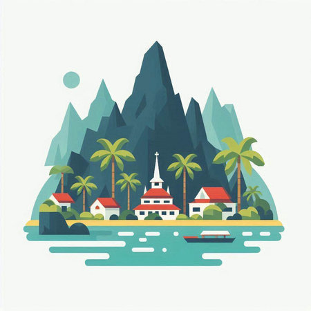 Landscape of the island. Vector illustration in flat design style.のイラスト素材