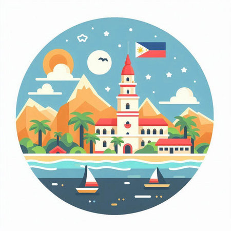 Philippines travel round icon. Landscape with island, palm trees and church. Vector illustrationのイラスト素材