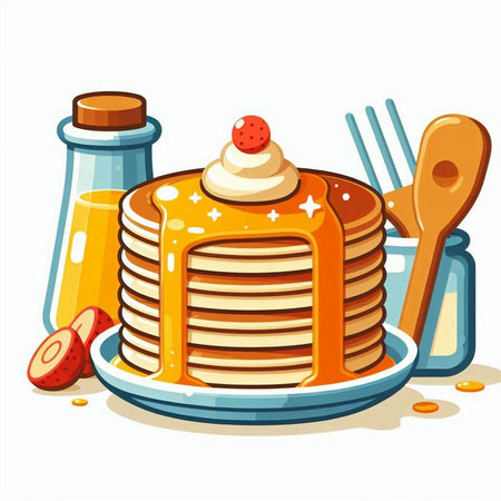 Vector illustration of a stack of pancakes with whipped cream and sour creamのイラスト素材