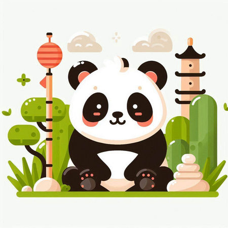 Cute panda sitting on the grass in the park. Vector illustration.のイラスト素材