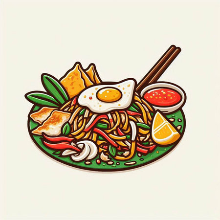 Illustration of asian noodle with chopsticks and fried eggのイラスト素材