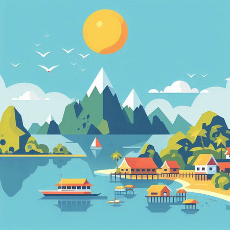 Landscape with mountains, river and houses. Cartoon vector illustration.のイラスト素材