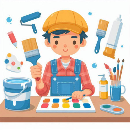 Vector illustration of a boy painter in a helmet and overalls painting with watercolor paints.のイラスト素材
