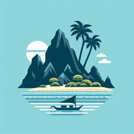 Tropical island with palm trees and sailing boat. Vector illustration.のイラスト素材