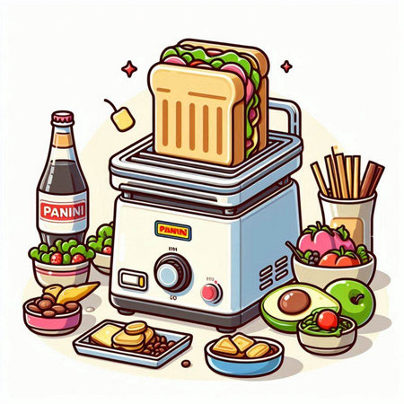 Vector illustration of a toaster with food and drinks in cartoon styleのイラスト素材