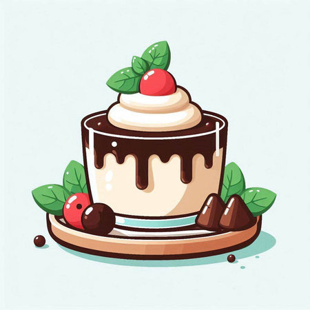 Chocolate cake with whipped cream and cherries. Vector illustration.のイラスト素材