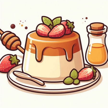 Panna cotta with strawberries, mint and honey. Vector illustration.のイラスト素材