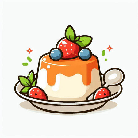 Cake dessert with berries and mint on a plate. Vector illustration.のイラスト素材