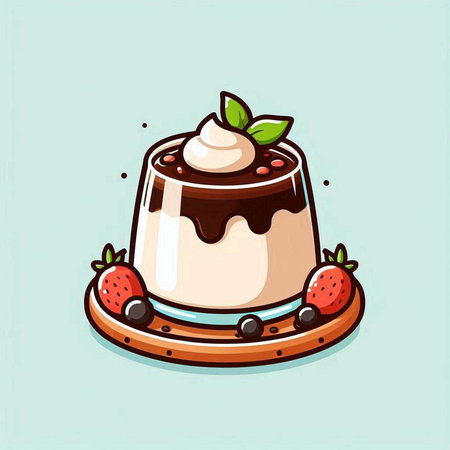 Chocolate panna cotta with strawberries and mint. Vector illustration.のイラスト素材