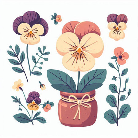 Set of hand drawn pansy flowers in pots. Vector illustration.のイラスト素材