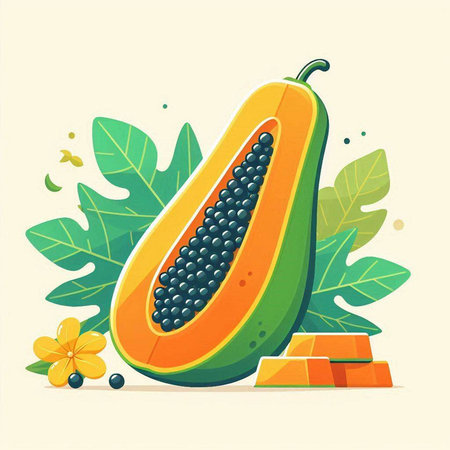 Papaya fruit with leaves and pieces of chocolate. Vector illustration.のイラスト素材