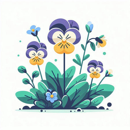 Vector illustration of colorful pansy flowers in flat style. Floral background.のイラスト素材