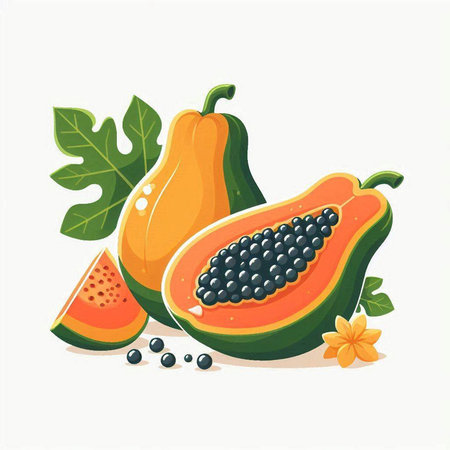 Papaya fruit isolated on white background. Vector illustration in flat style.のイラスト素材