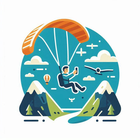 Paraglider in the mountains. Flat design vector illustration.のイラスト素材