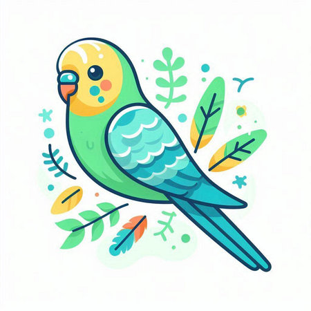 Cute green parrot with flowers and leaves. Vector illustration.のイラスト素材