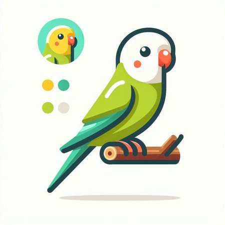 Cute green parrot sitting on wooden branch. Vector illustration.のイラスト素材